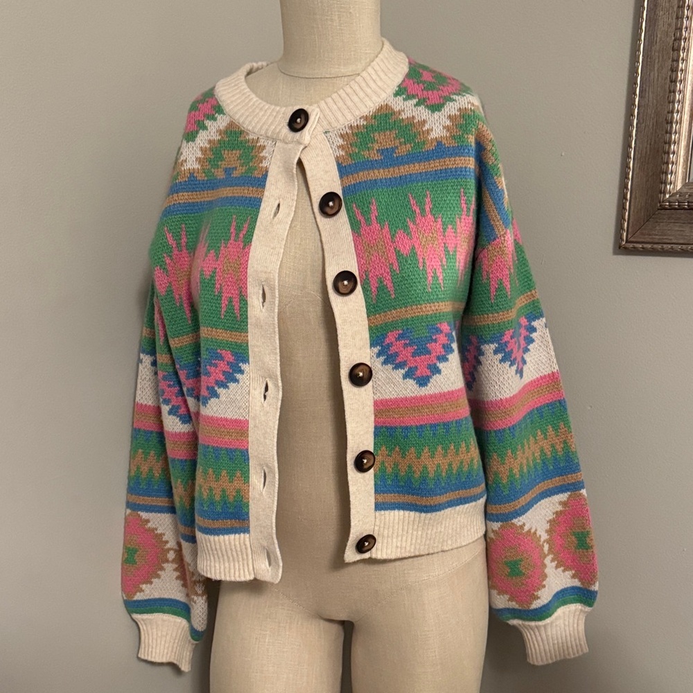 Boden Cream Multicolor Fair Isle Knit Cardigan